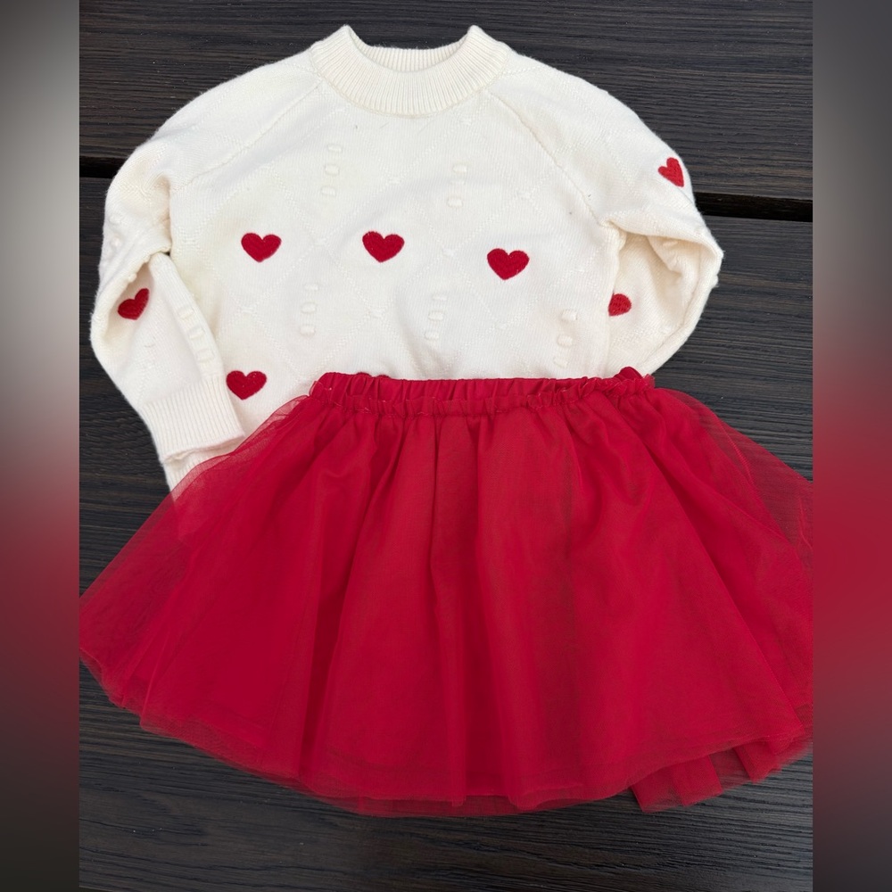 Le chic Cream Heart Sweater with Red Tulle Skirt Set